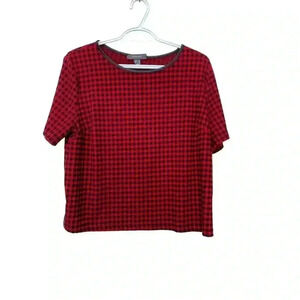 Primark, red and black checked blouse w front darts  & vegan leather trim